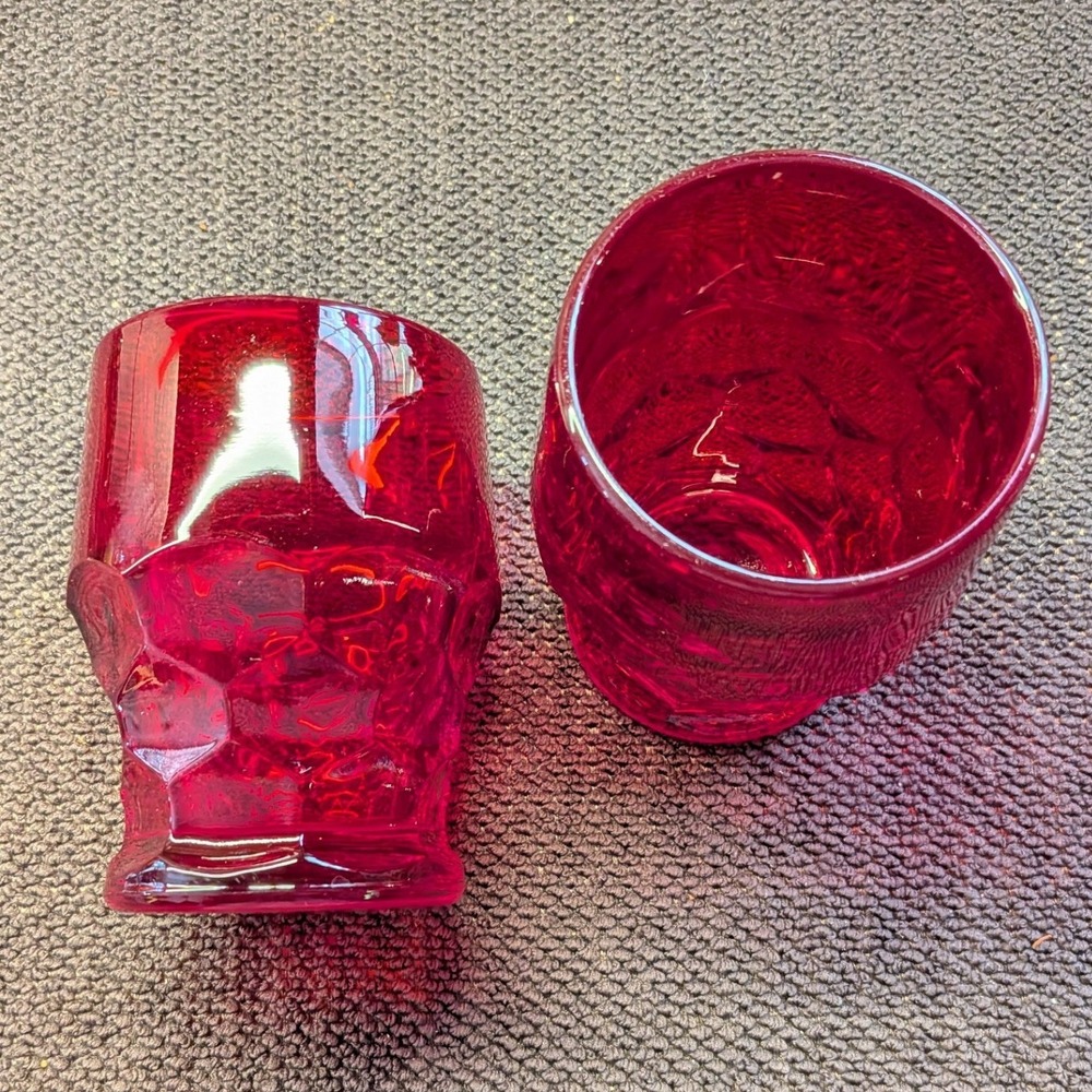 Vintage Ruby Red Glass Tumblers Honeycomb‎ Textured Juice Glasses Set of 2